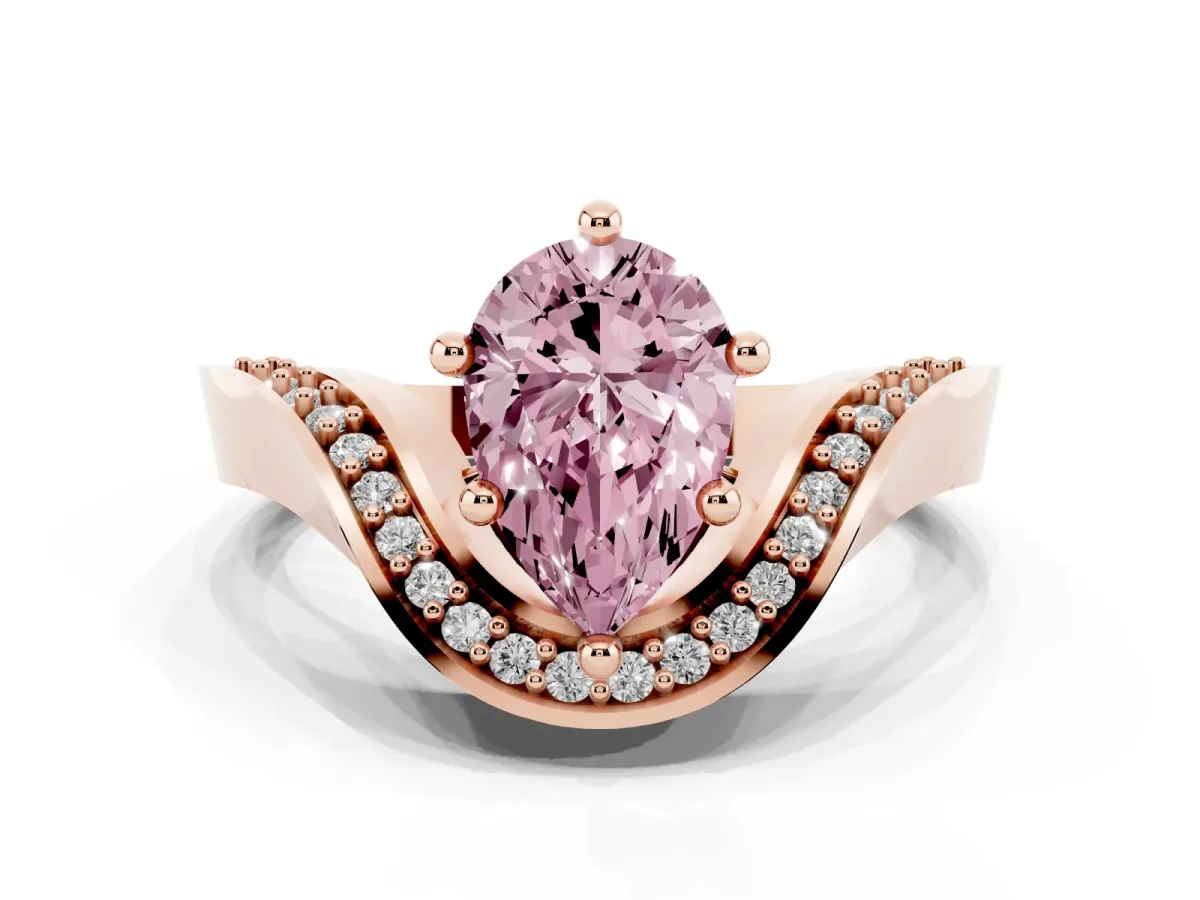 Fancy Pink Pear Cut Solitaire Diamond Engagement Ring with Pave Band and Four-Prong Setting Rose gold