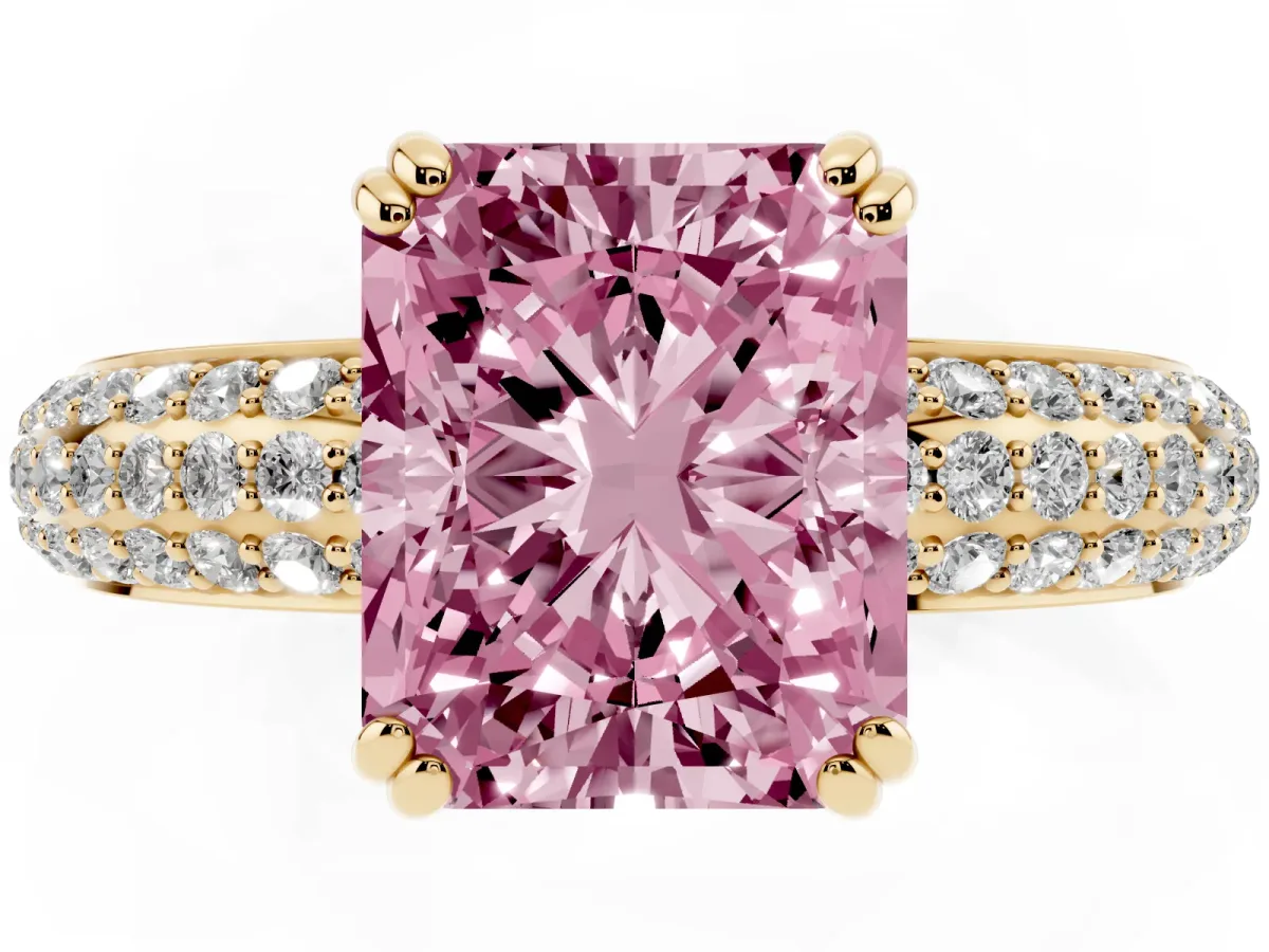 Fancy Pink Radiant Cut Diamond Solitaire Ring with Multi-Row Round Pavé Band and Prong Setting Yellow gold