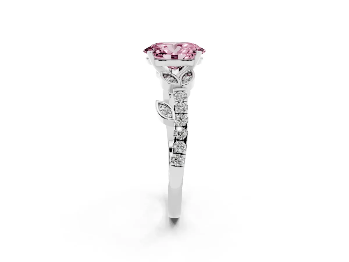 Fancy Pink Oval Cut Solitaire Leaf-Inspired Diamond Ring with Pavé Band and Four-Prong Setting Silver