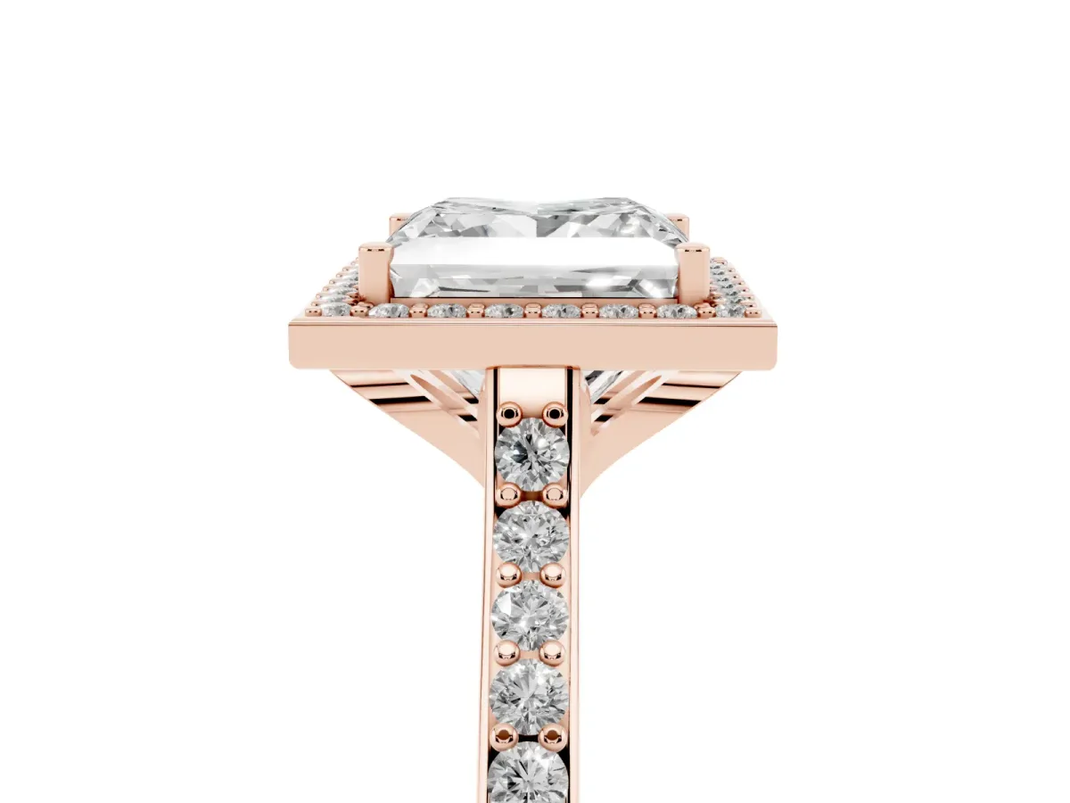 Princess Cut Diamond Halo Engagement Ring with Round Pavé Shoulders and Prong Setting Rose gold