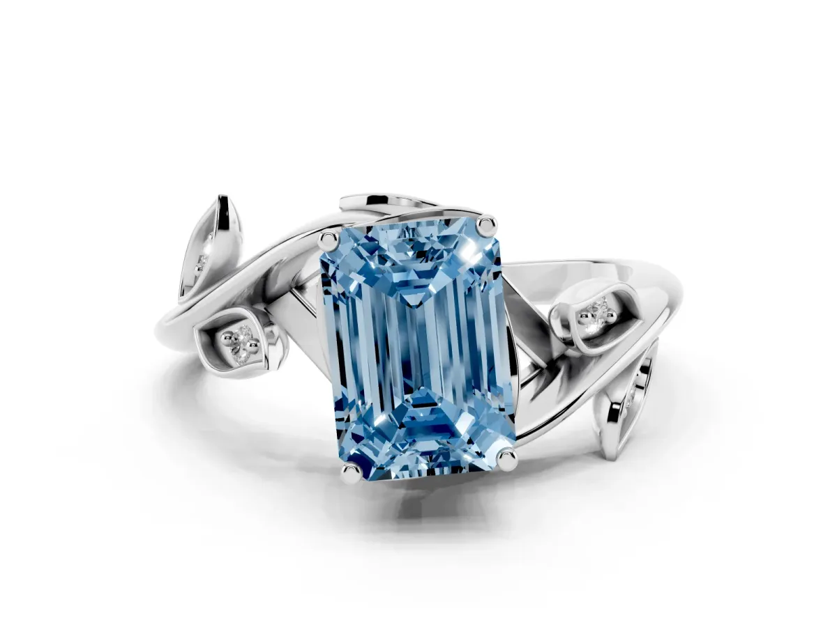 Fancy Blue Emerald Cut Solitaire Twist Engagement Ring with Leaf Accents and Prong Setting Silver