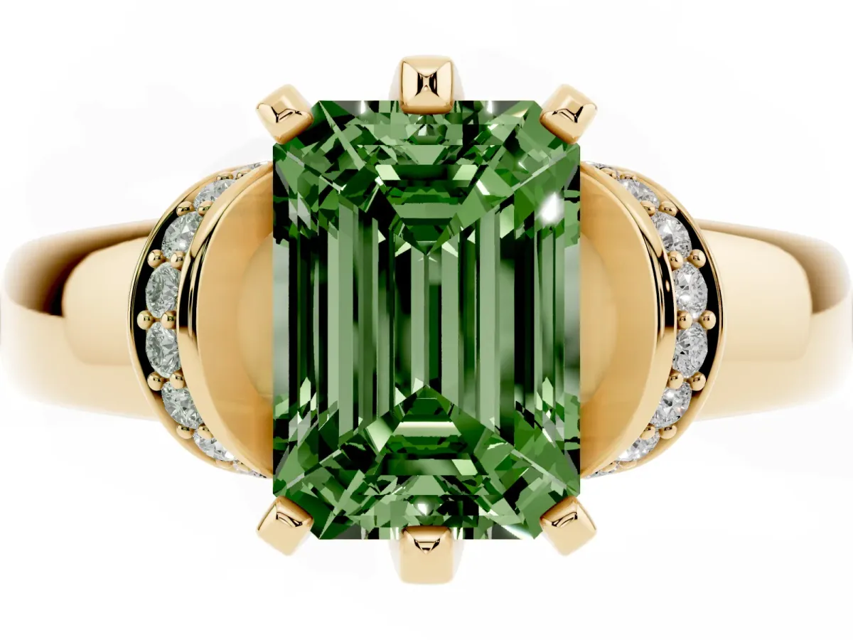 Fancy Green Emerald Cut Solitaire Diamond Ring with Pave Band and Six-Prong Setting Yellow gold