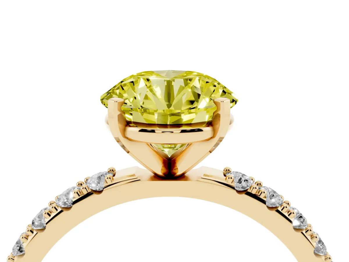 Fancy Yellow Round Cut Diamond Solitaire Pavé Band with Four-Prong Setting Yellow gold