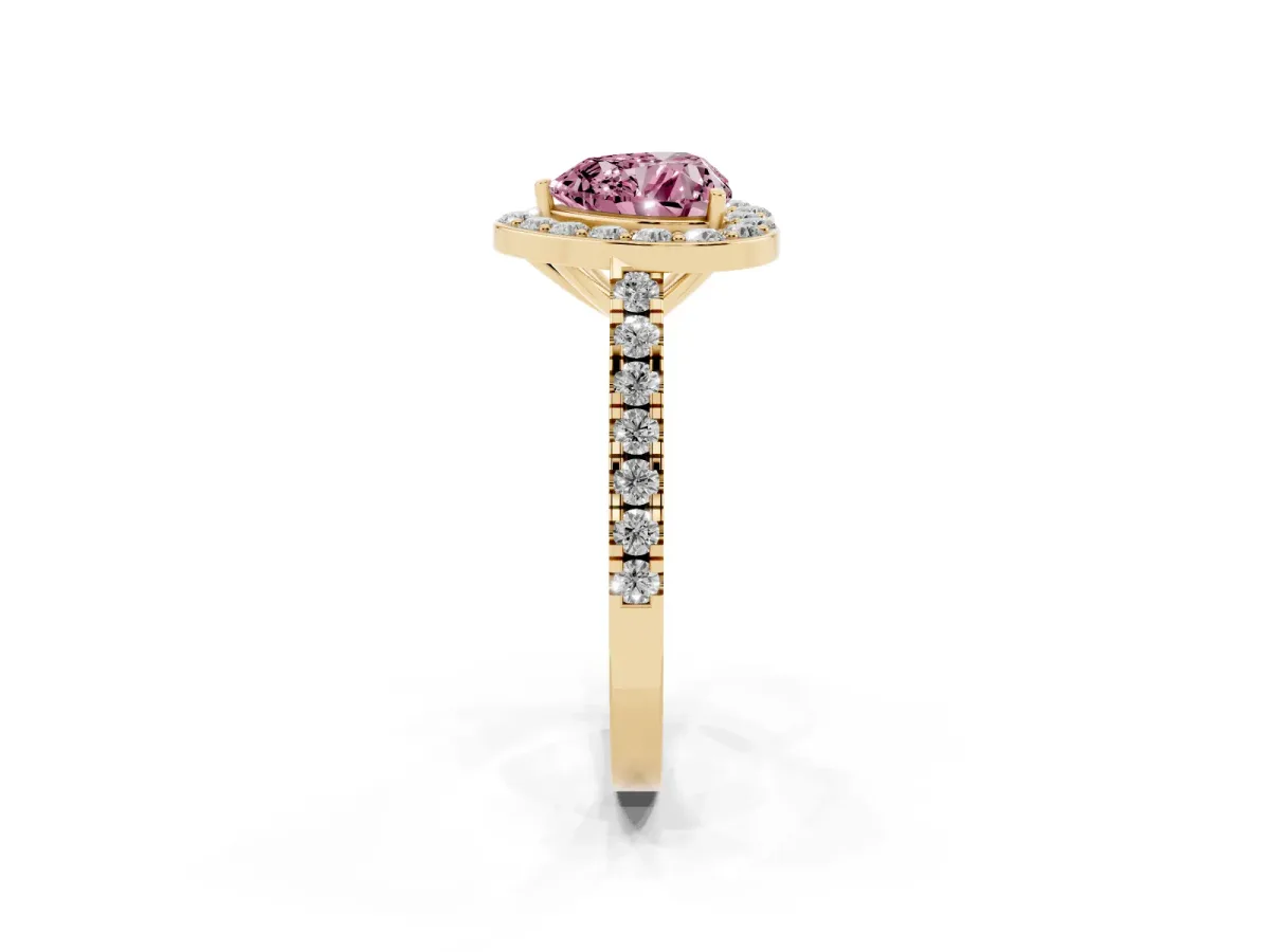 Fancy Pink Heart Cut Diamond Halo Ring with Round Pavé Split Shank and Prong Setting Yellow gold