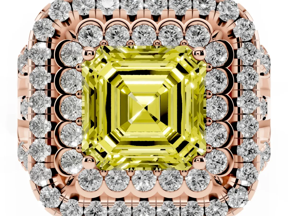 Fancy Yellow Asscher Cut Diamond Double Halo Ring with Round Pavé Split Shank and Prong Setting Rose gold