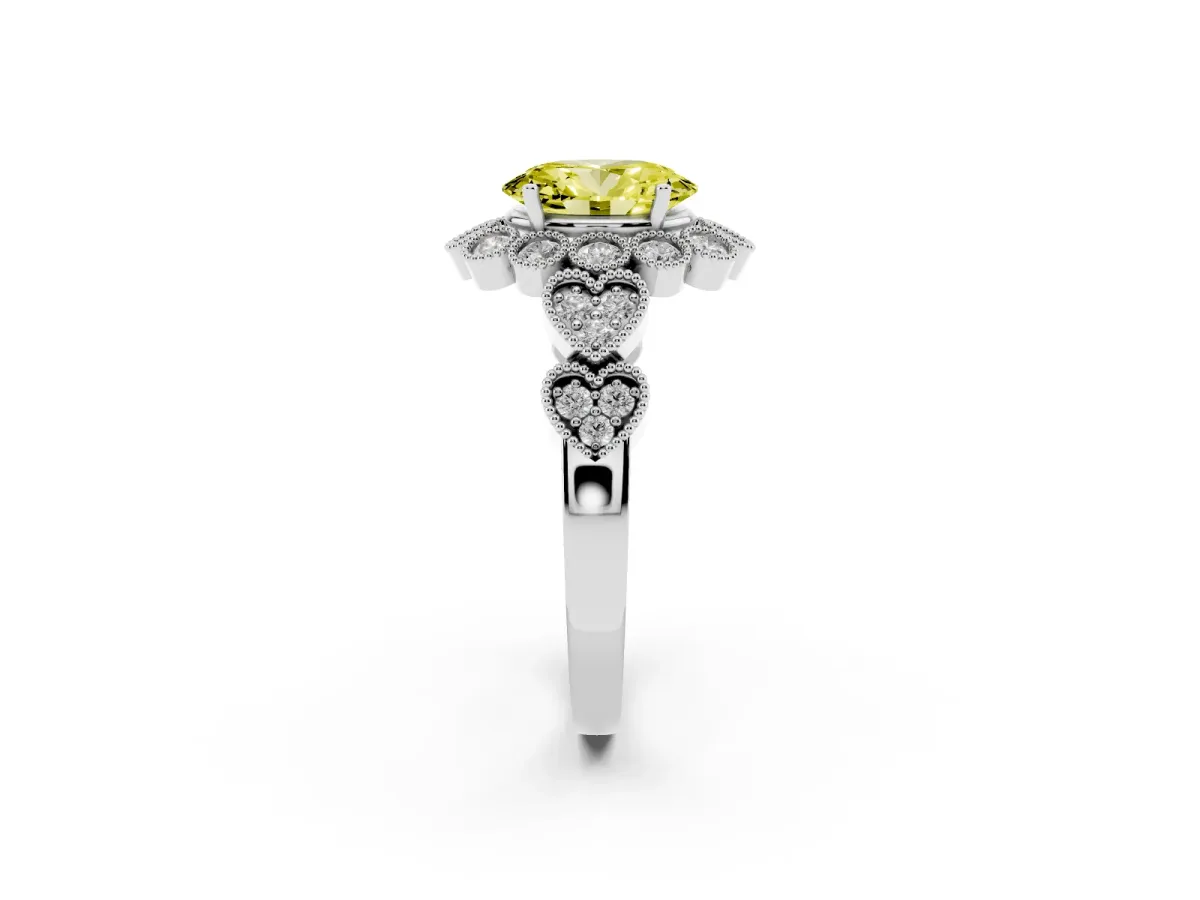 Fancy Yellow Oval Cut Brilliant Milgrain Pave Heart Band Solitaire Ring Silver