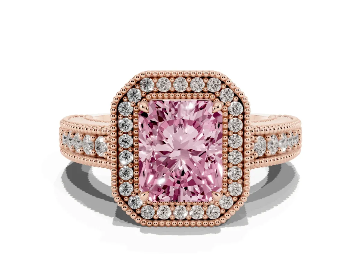 Fancy Pink Radiant Cut Cut Halo Diamond Ring with Pavé Band and Four-Prong Setting Rose gold