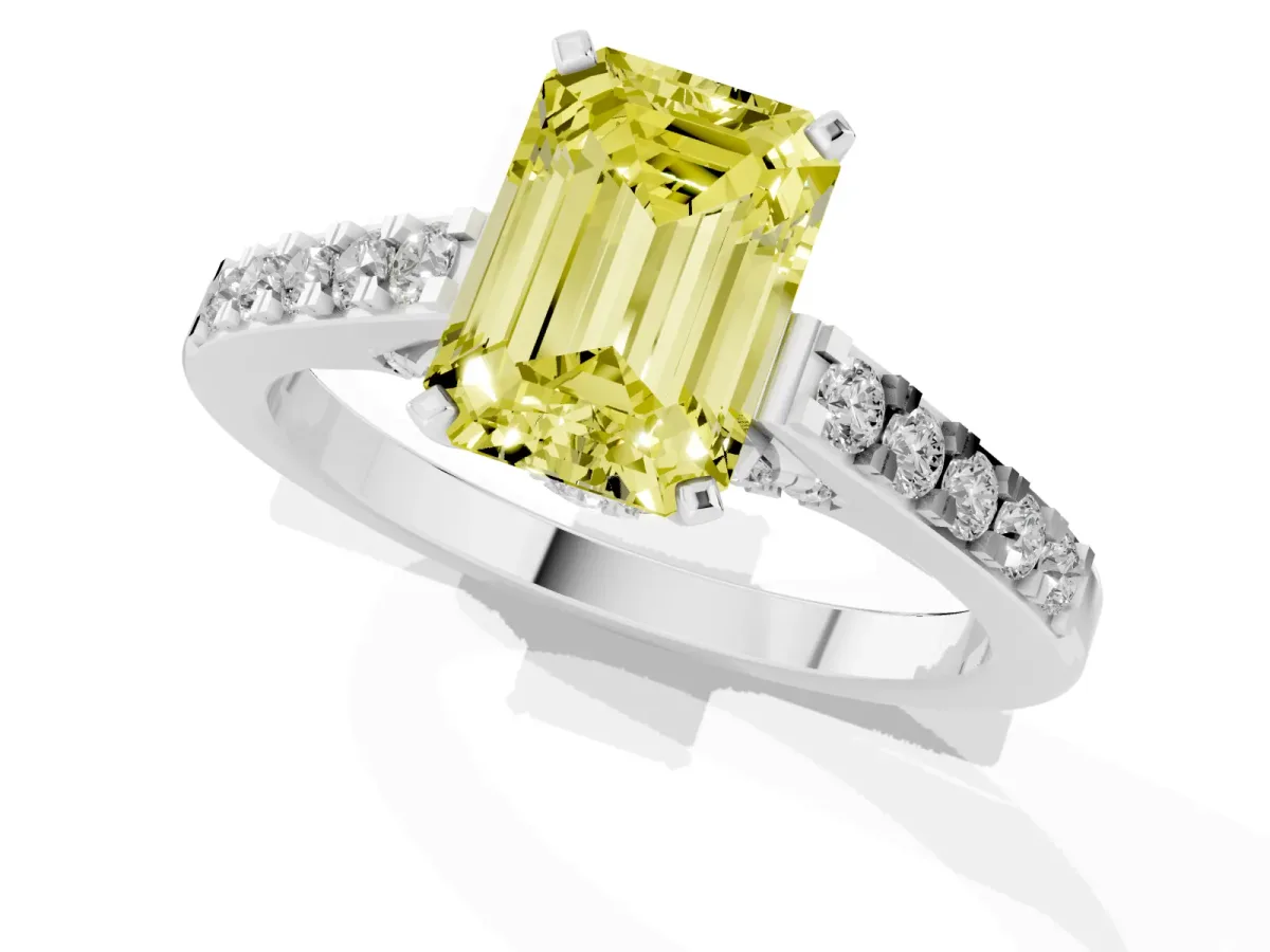 Fancy Yellow Emerald Cut Diamond Solitaire Ring with Crossover Gallery and Round Pavé Band Silver