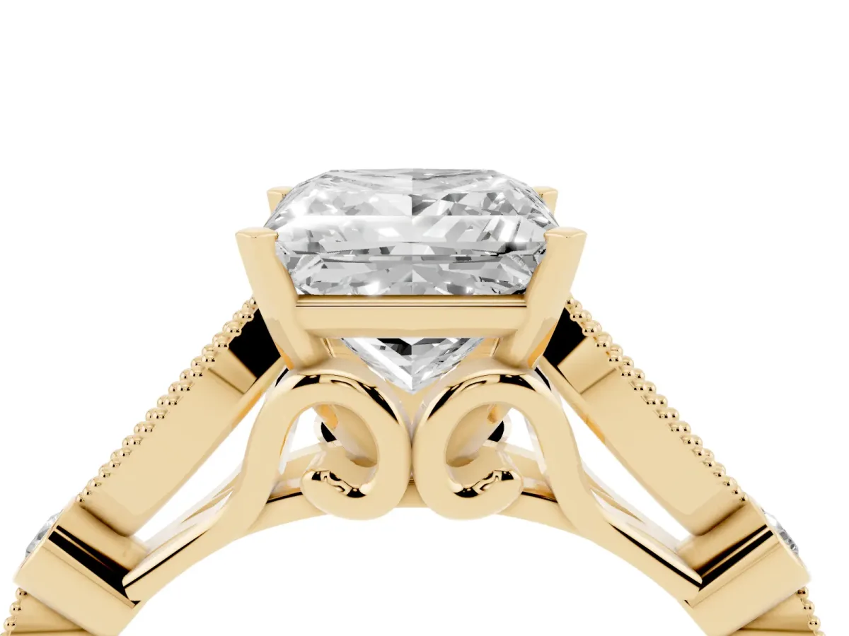 Princess Cut Cut Diamond with Milgrain Marquise and Bezel Accents on a Solitaire Band with Prong Setting Yellow gold