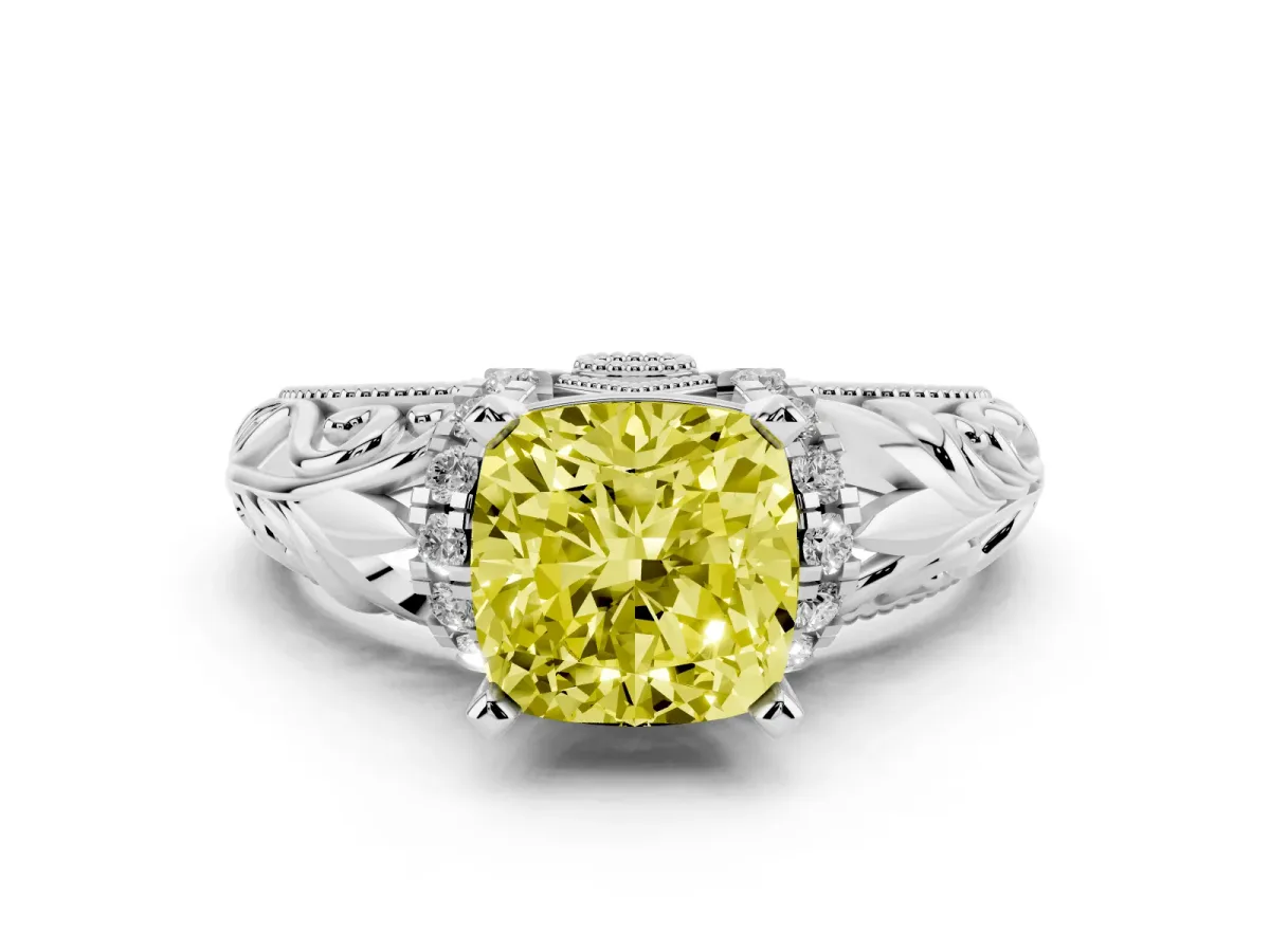 Fancy Yellow Cushion Cut Solitaire Filigree Engagement Ring with Halo and Prong Setting Silver
