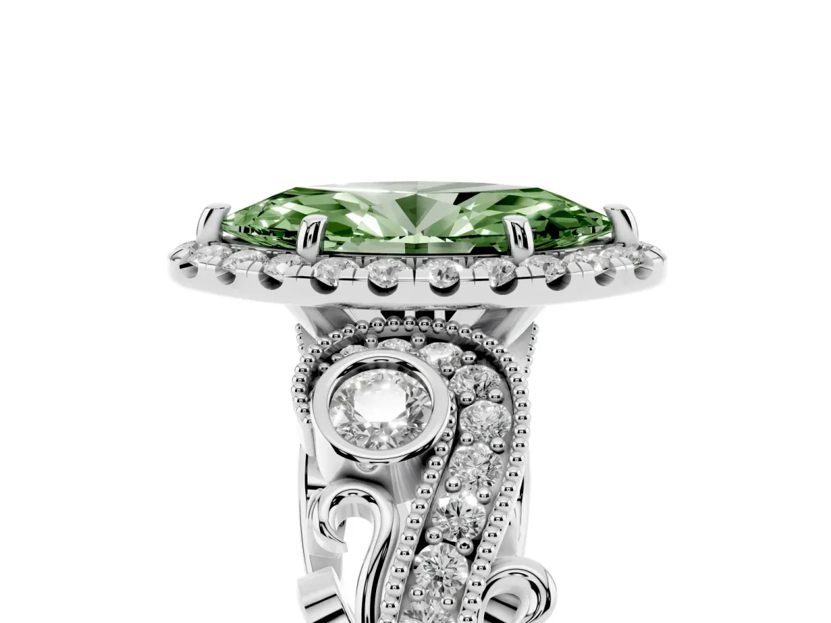Fancy Green Marquise Cut Halo Diamond Ring with Milgrain and Bezel Accents on a Split Shank Band White gold