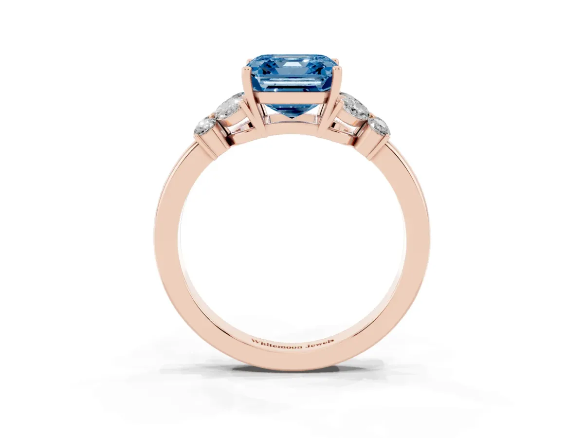 Fancy Blue Asscher Cut Cut Solitaire Floral Diamond Ring with Four-Prong Setting Rose gold