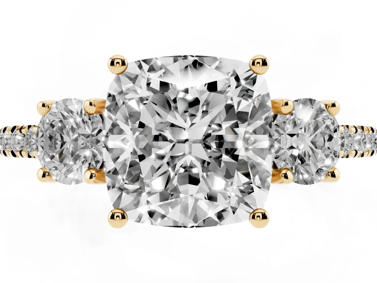 Three-Stone Cushion Cut Cut Diamond Pavé Band with Prong Setting Yellow gold