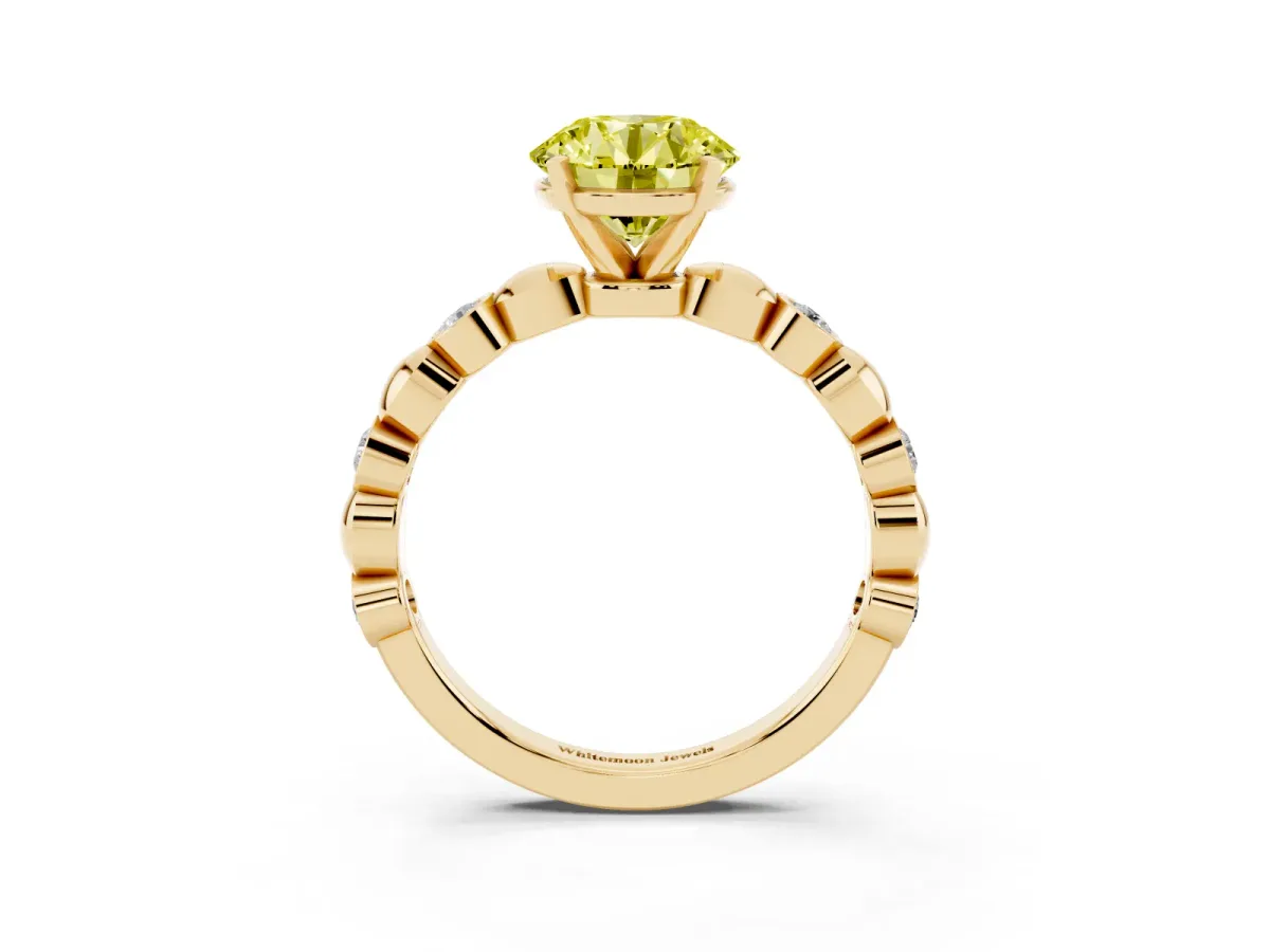 Fancy Yellow Round Cut Solitaire Bezel-Set Diamond Ring with Beaded Band and Four-Prong Setting Yellow gold
