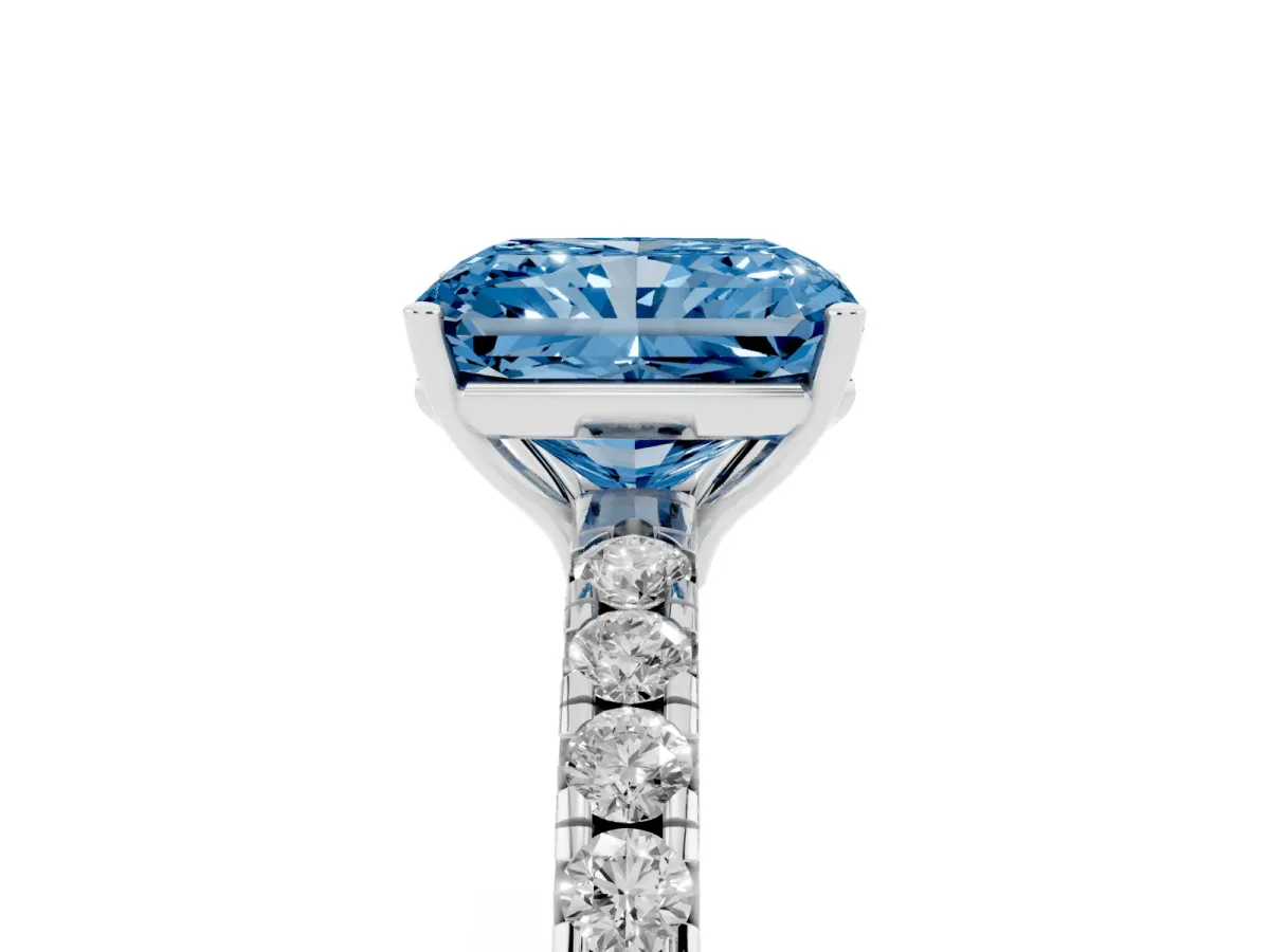 Fancy Blue Radiant Cut Diamond Pavé Solitaire Engagement Ring with Four-Prong Setting Silver