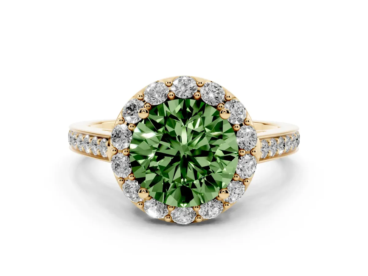 Fancy Green Round Cut Diamond Floral Halo Ring with Pavé Band and Prong Setting Yellow gold
