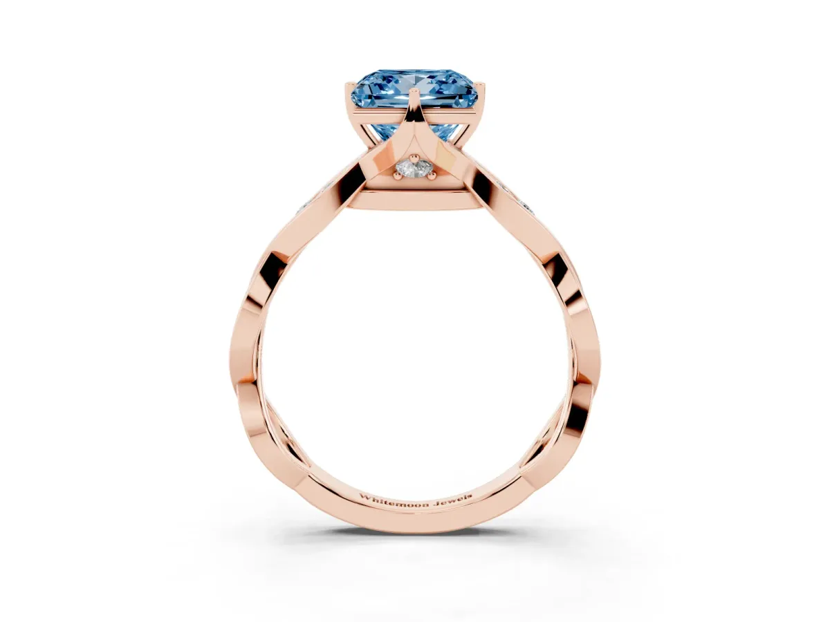 Fancy Blue Princess Cut Solitaire Twist Band with Leaf Prong Setting Rose gold