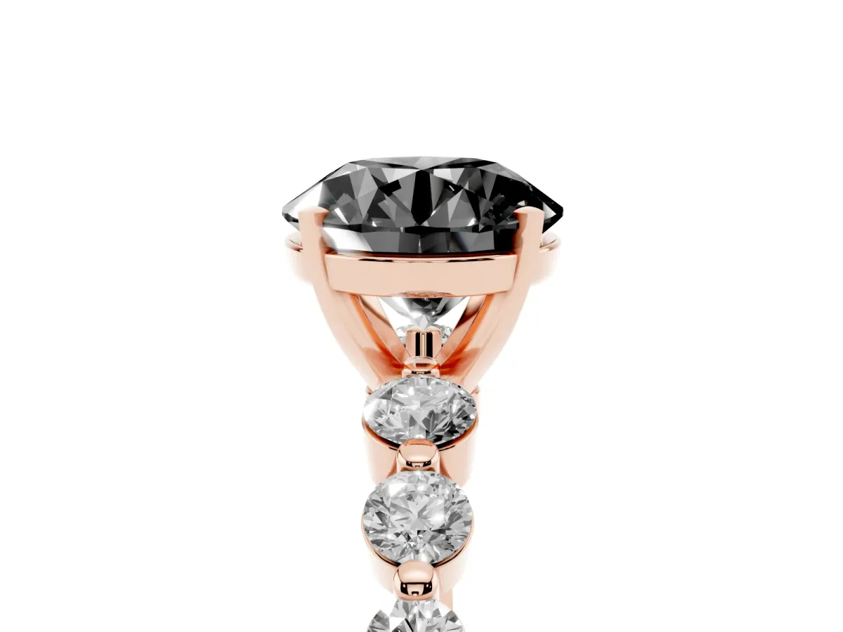 Fancy Black Round Cut Solitaire Diamond Ring with Pave Band and Four-Prong Setting Rose gold