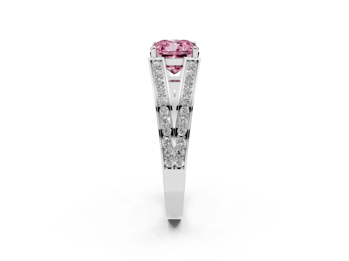 Fancy Pink Cushion Cut Diamond Split Shank Ring with Pavé Band and Four-Prong Setting Silver