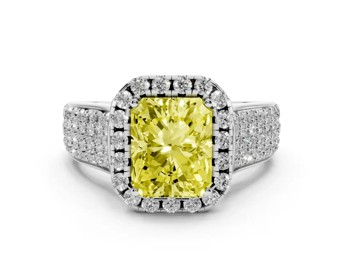 Fancy Yellow Radiant Cut Halo Round Diamond Pave Band with Prong Setting Silver