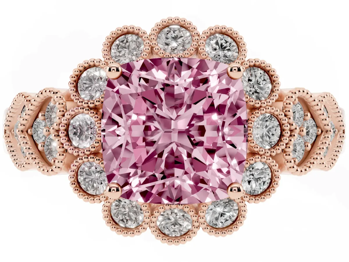 Fancy Pink Cushion Cut Brilliant Milgrain Pave Heart Band Solitaire Ring Rose gold