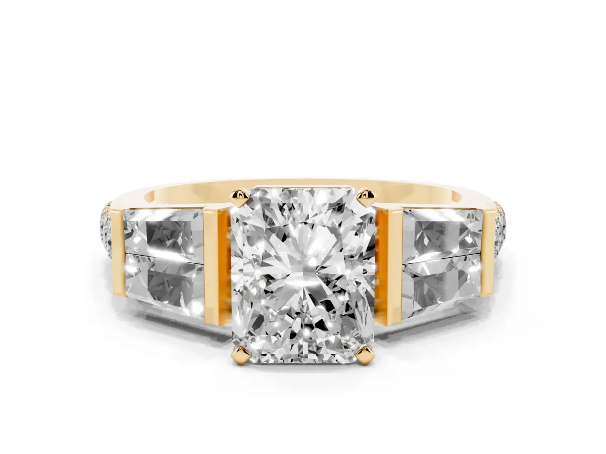 Radiant Cut Diamond Engagement Ring with Baguette Side Stones and Channel Set Band Yellow gold