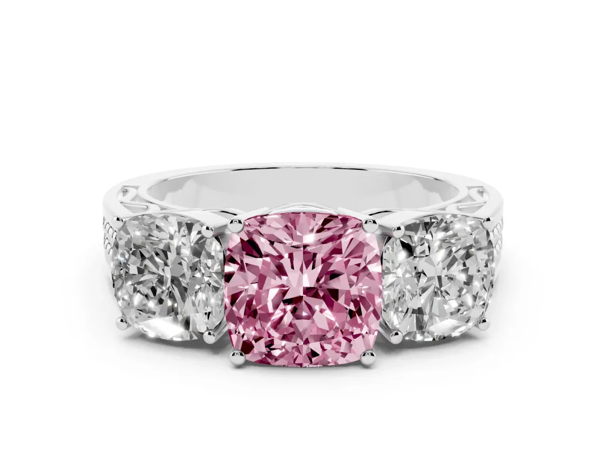 Fancy Pink Cushion Cut Diamond Three-Stone Ring with Prong Setting and Textured Band Silver