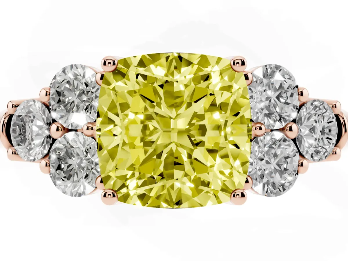 Fancy Yellow Cushion Cut Cut Diamond Cluster Ring with Round Accent Stones and Prong Setting on a Classic Band Rose gold