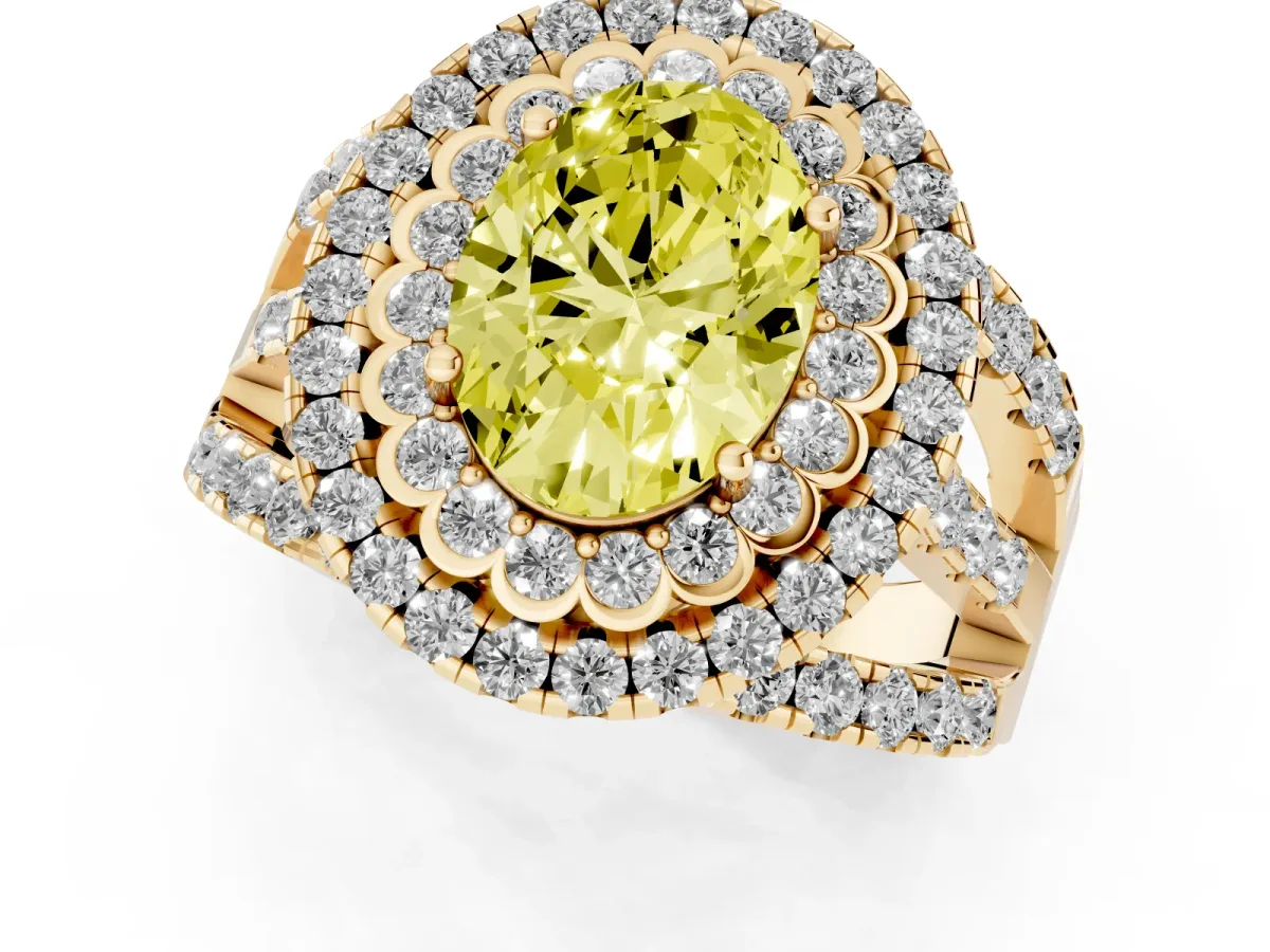 Fancy Yellow Oval Cut Diamond Double Halo Ring with Round Pavé Split Shank and Prong Setting Yellow gold