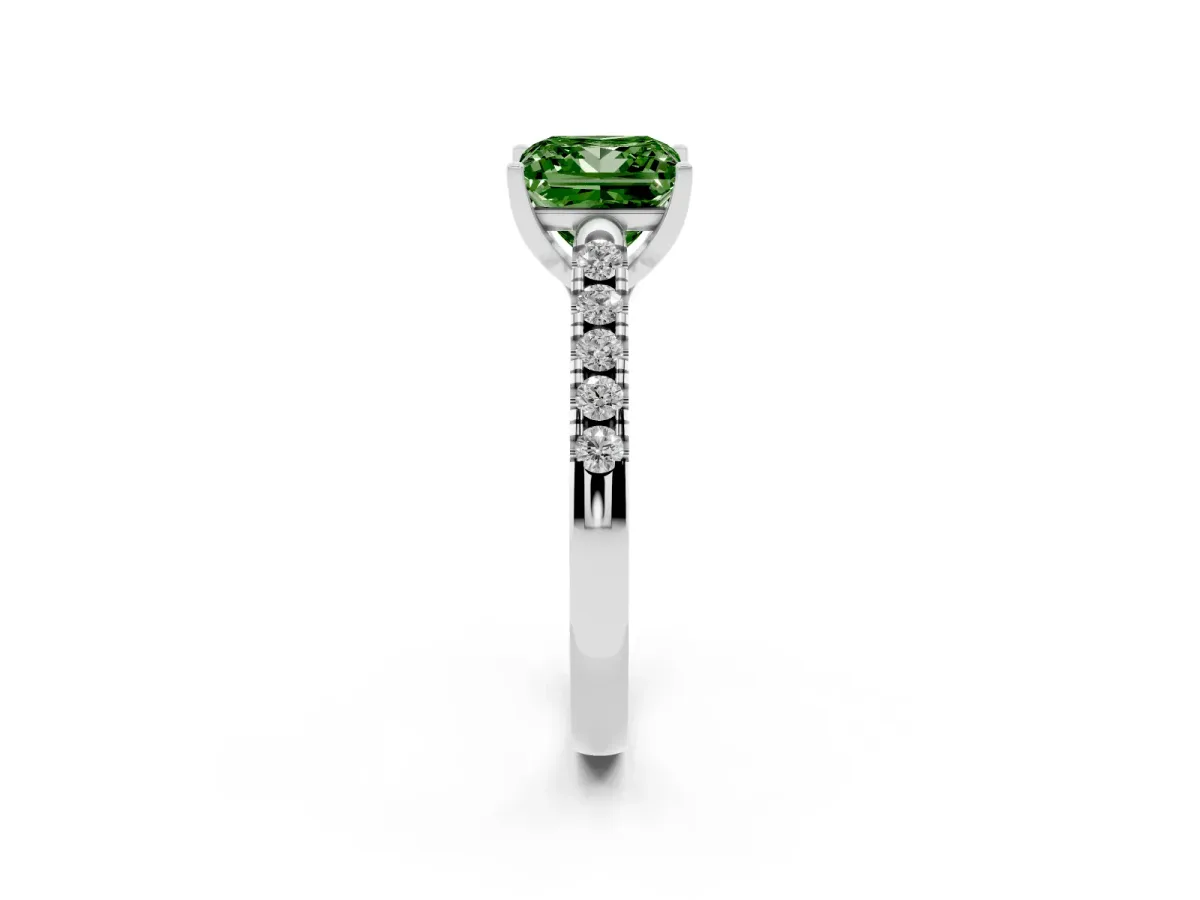 Fancy Green Princess Cut Diamond Pavé Band Solitaire Ring with Prong Setting Silver