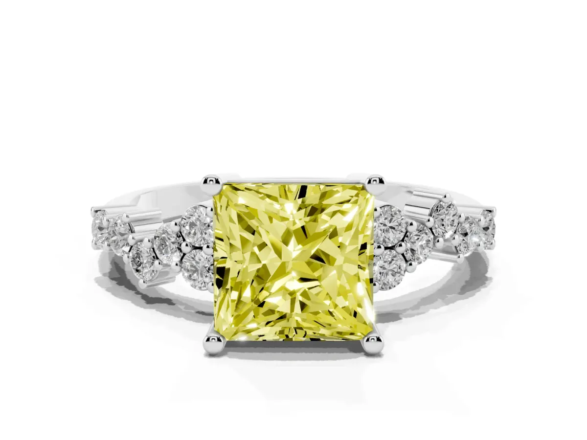 Fancy Yellow Princess Cut Diamond Scattered Round Accent Ring with Prong Setting Silver