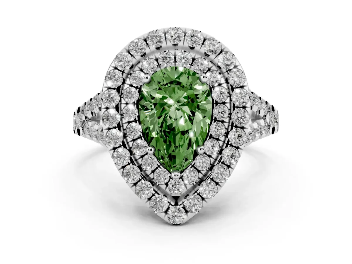 Fancy Green Double Halo Pear Cut Diamond Pavé Split Shank Ring with Prong Setting Platinum