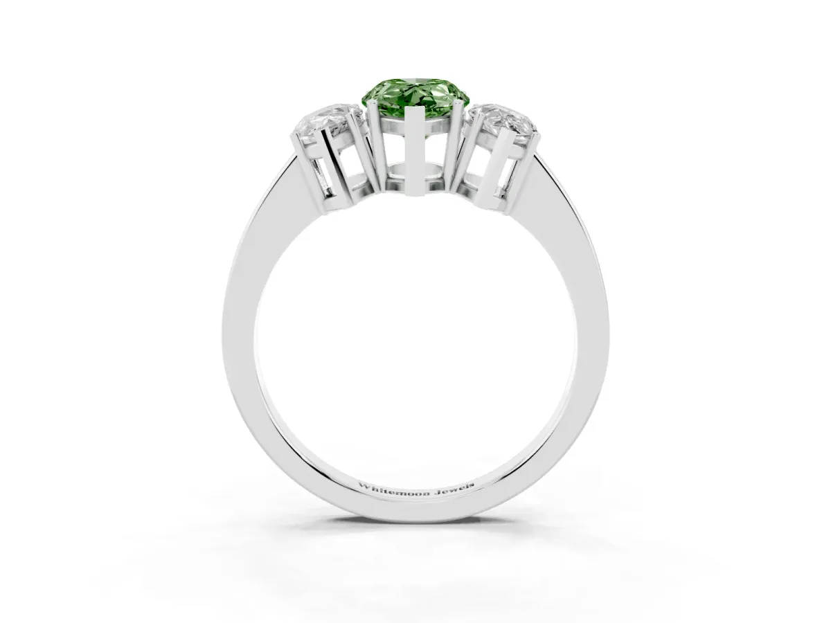 Fancy Green Three-Stone Pear Cut Cut Diamond Engagement Ring with Flat Band and Four-Prong Setting Silver