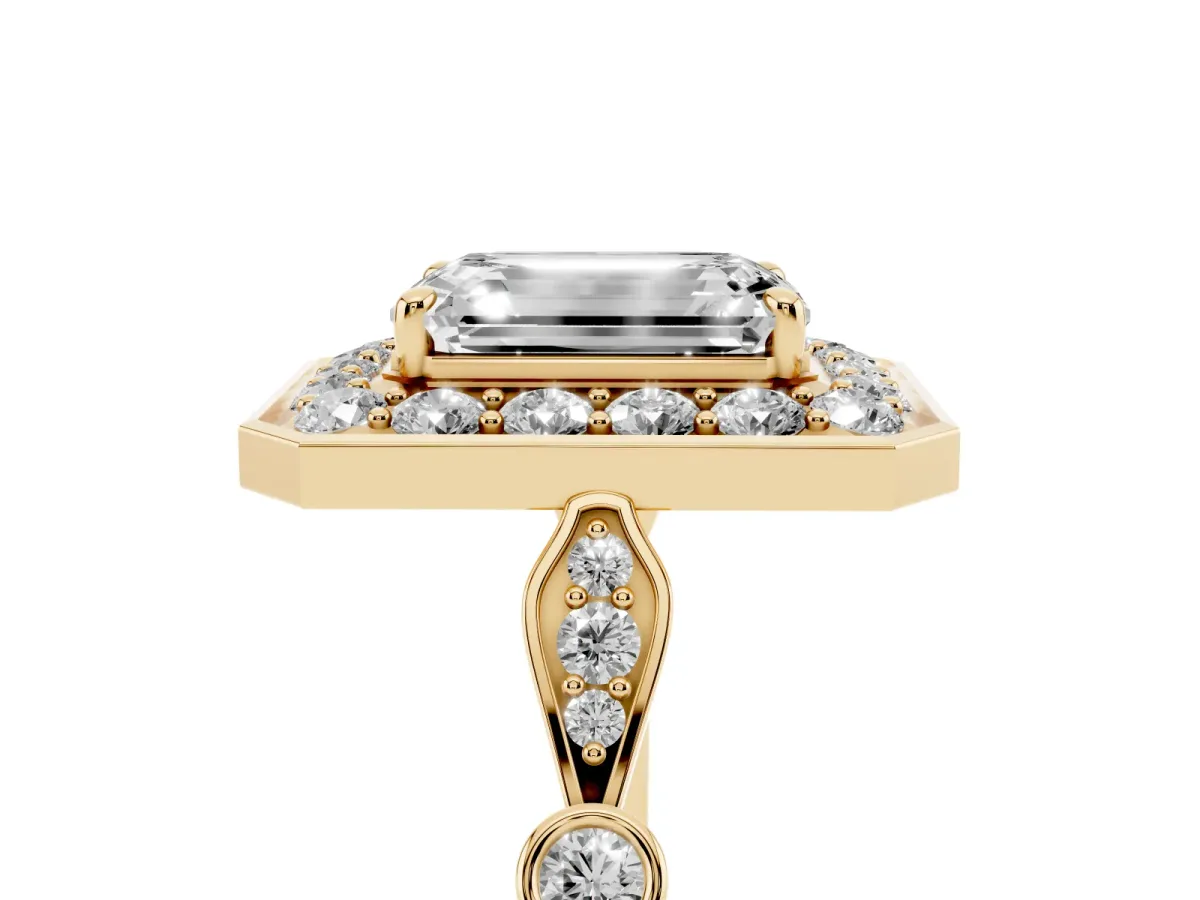 Emerald Cut Halo Diamond Engagement Ring with Twisted Band and Four-Prong Setting Yellow gold