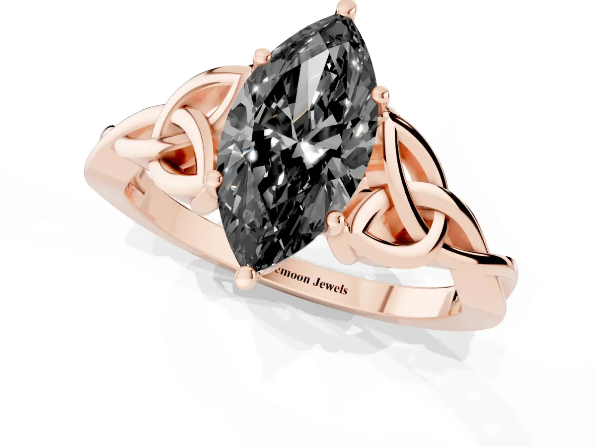 Fancy Black Marquise Cut Diamond Solitaire Engagement Ring with Celtic Knot Band and Four-Prong Setting Rose gold