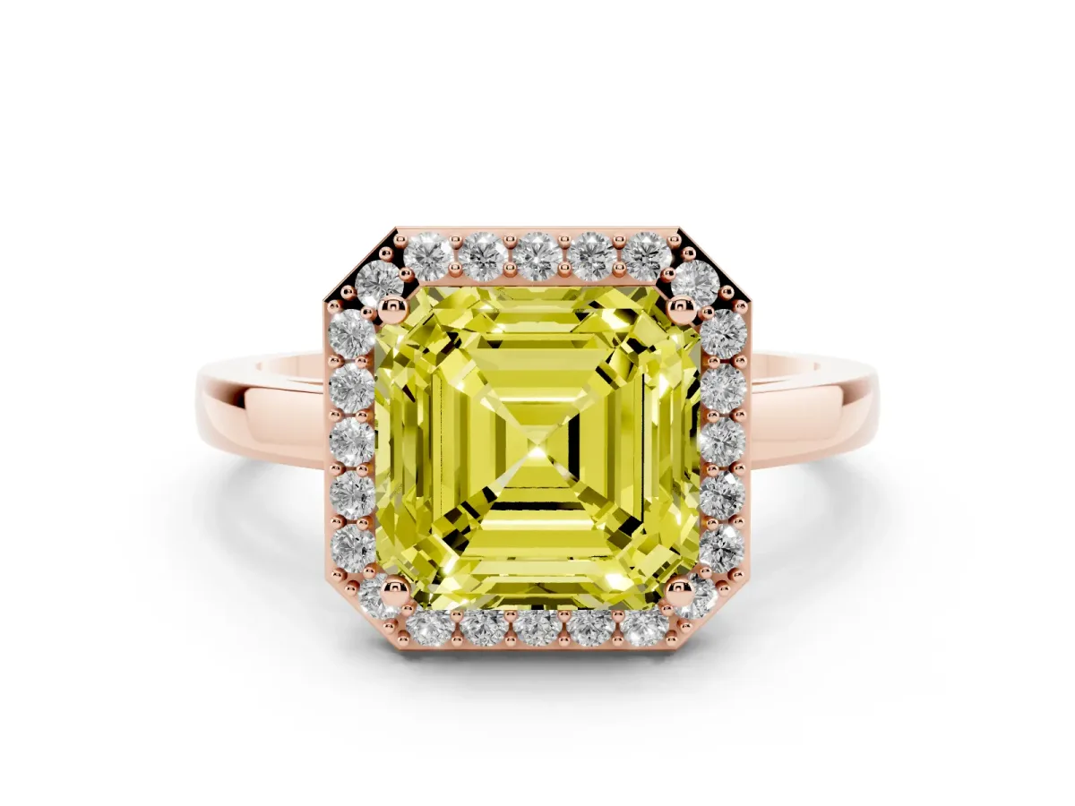 Fancy Yellow Asscher Cut Halo Diamond Ring with Solitaire Band and Prong Setting Rose gold