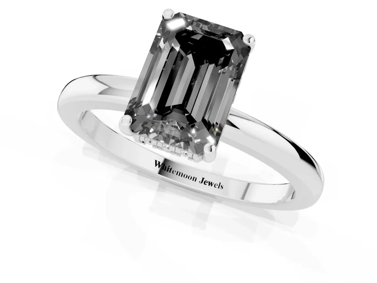 Fancy Black Emerald Cut Solitaire Diamond Ring with Prong Setting and Plain Band Silver