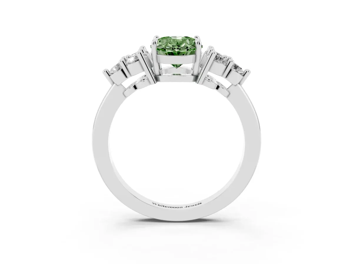 Fancy Green Oval Cut Brilliant Diamond Cluster Accent Solitaire Ring with Prong Setting Platinum