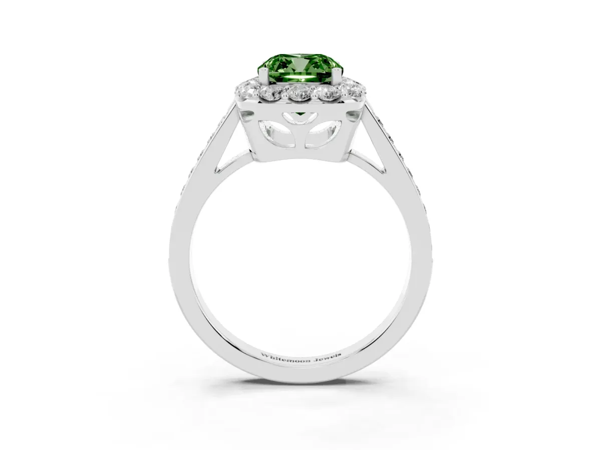 Fancy Green Cushion Cut Diamond Floral Halo Ring with Pavé Band and Prong Setting White gold