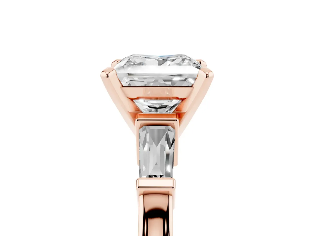 Princess Cut Cut Diamond Solitaire Ring with Tapered Baguette Accents and Four-Prong Setting Rose gold