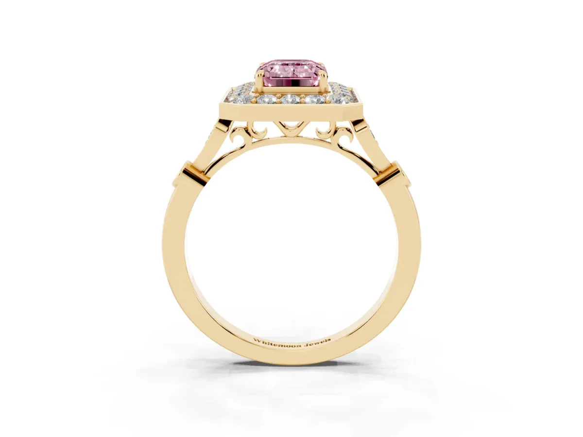 Fancy Pink Emerald Cut Halo Diamond Engagement Ring with Twisted Band and Four-Prong Setting Yellow gold