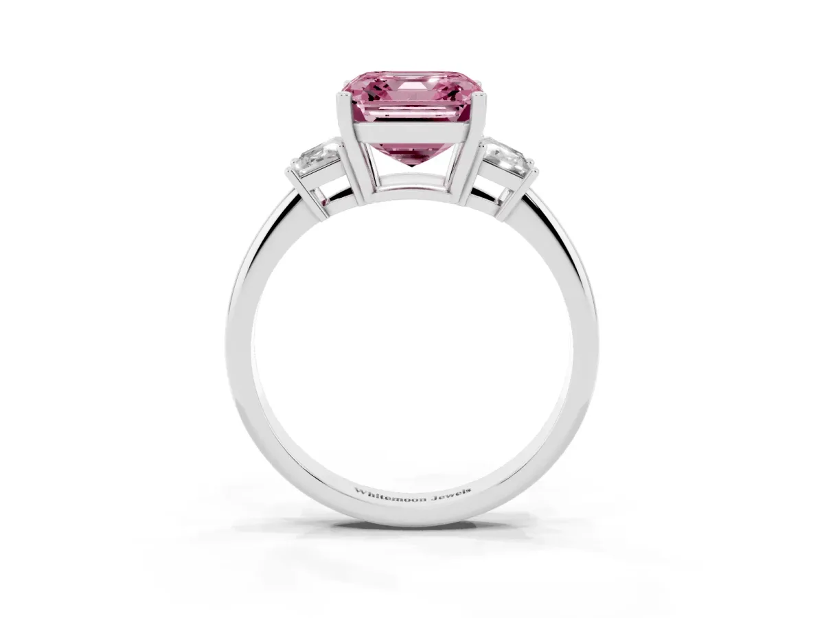 Fancy Pink Asscher Cut Diamond Three-Stone Ring with Trapezoid Side Stones and Prong Setting Silver
