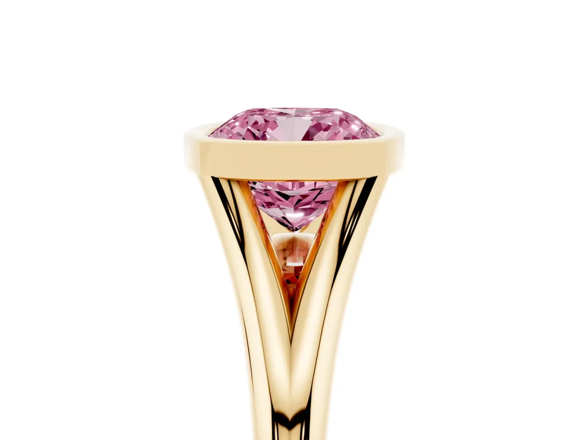 Fancy Pink Bezel Set Cushion Cut Cut Solitaire Ring with Tapered Band Yellow gold