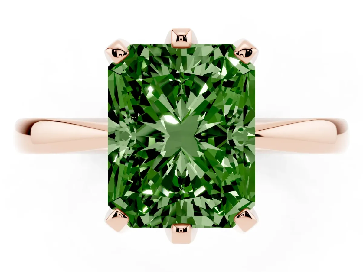 Fancy Green Radiant Cut Solitaire Engagement Ring with Six-Prong Setting and Tapered Band Rose gold