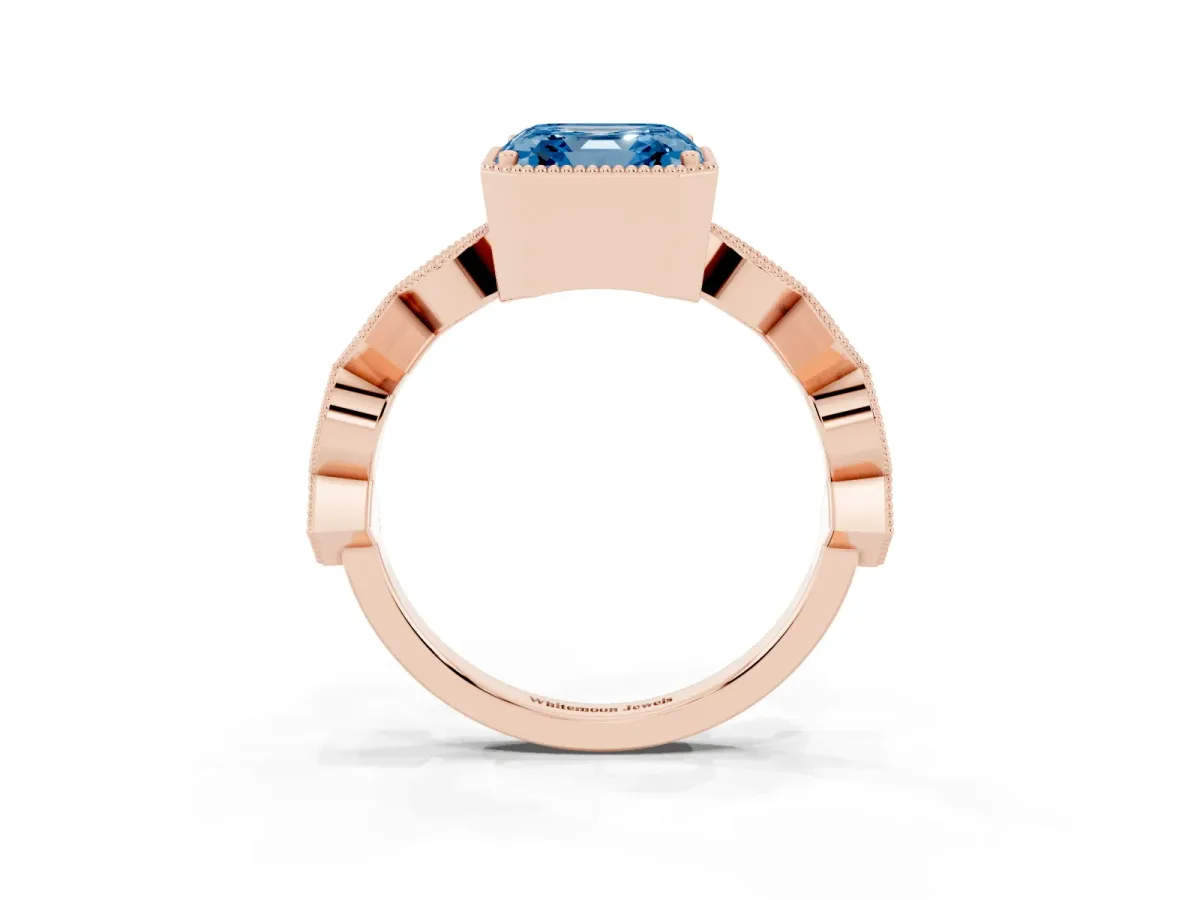 Fancy Blue Asscher Cut Milgrain Marquise Diamond Twist Band Ring Rose gold