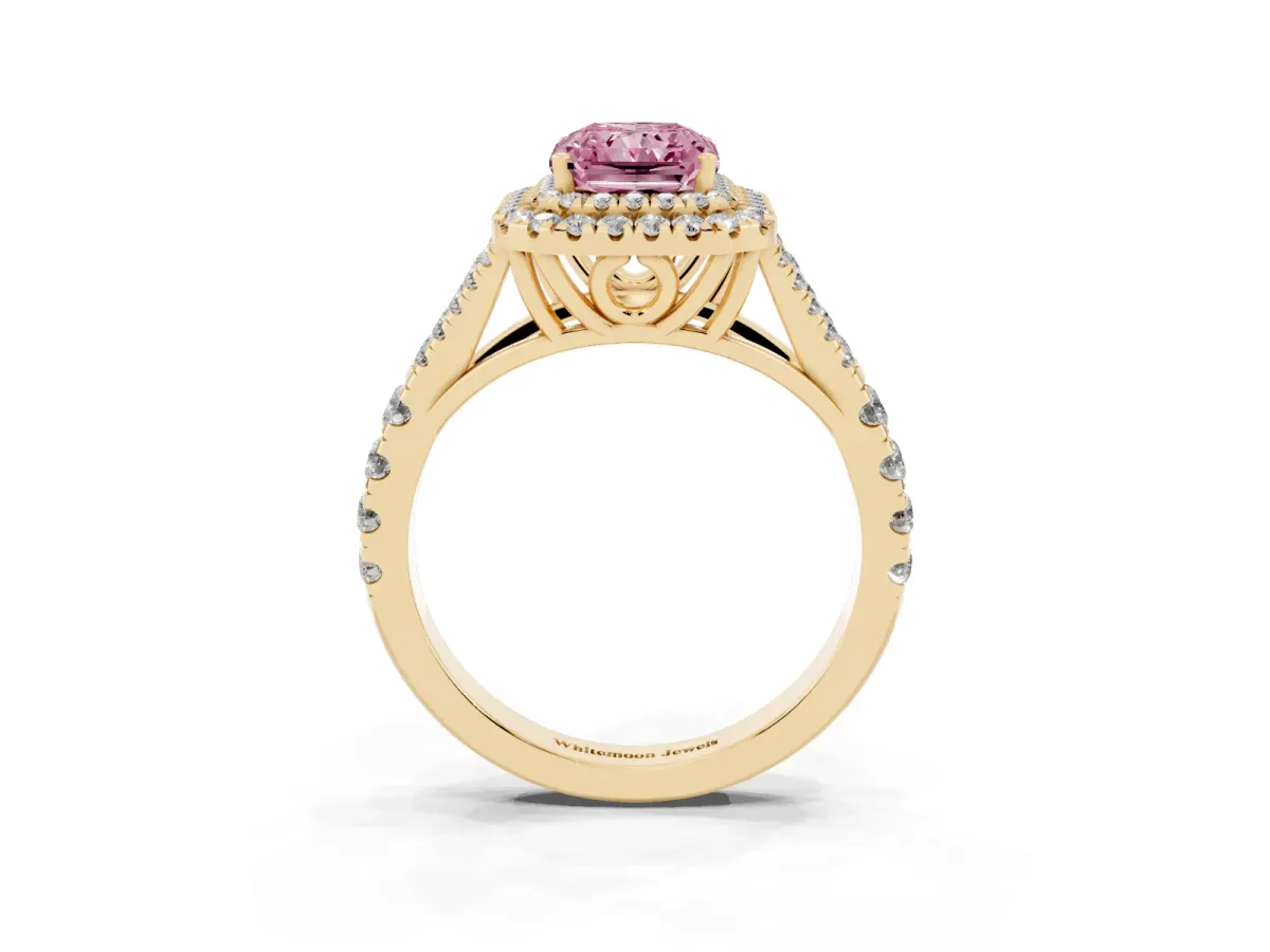 Fancy Pink Radiant Cut Cut Double Halo Split Shank Diamond Ring with Prong Setting Yellow gold