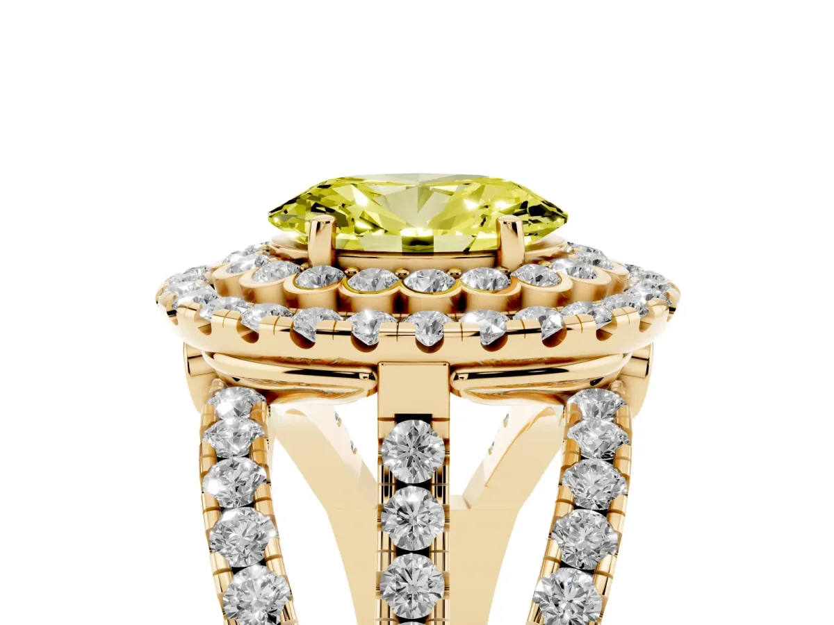 Fancy Yellow Oval Cut Diamond Double Halo Ring with Round Pavé Split Shank and Prong Setting Yellow gold