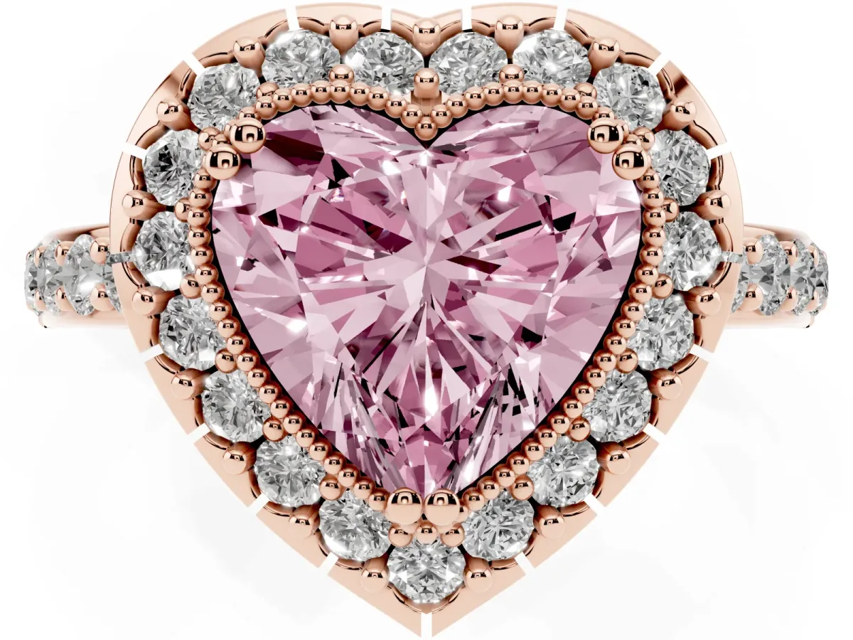 Fancy Pink Heart Cut Diamond Halo Ring with Pavé Band and Prong Setting Rose gold