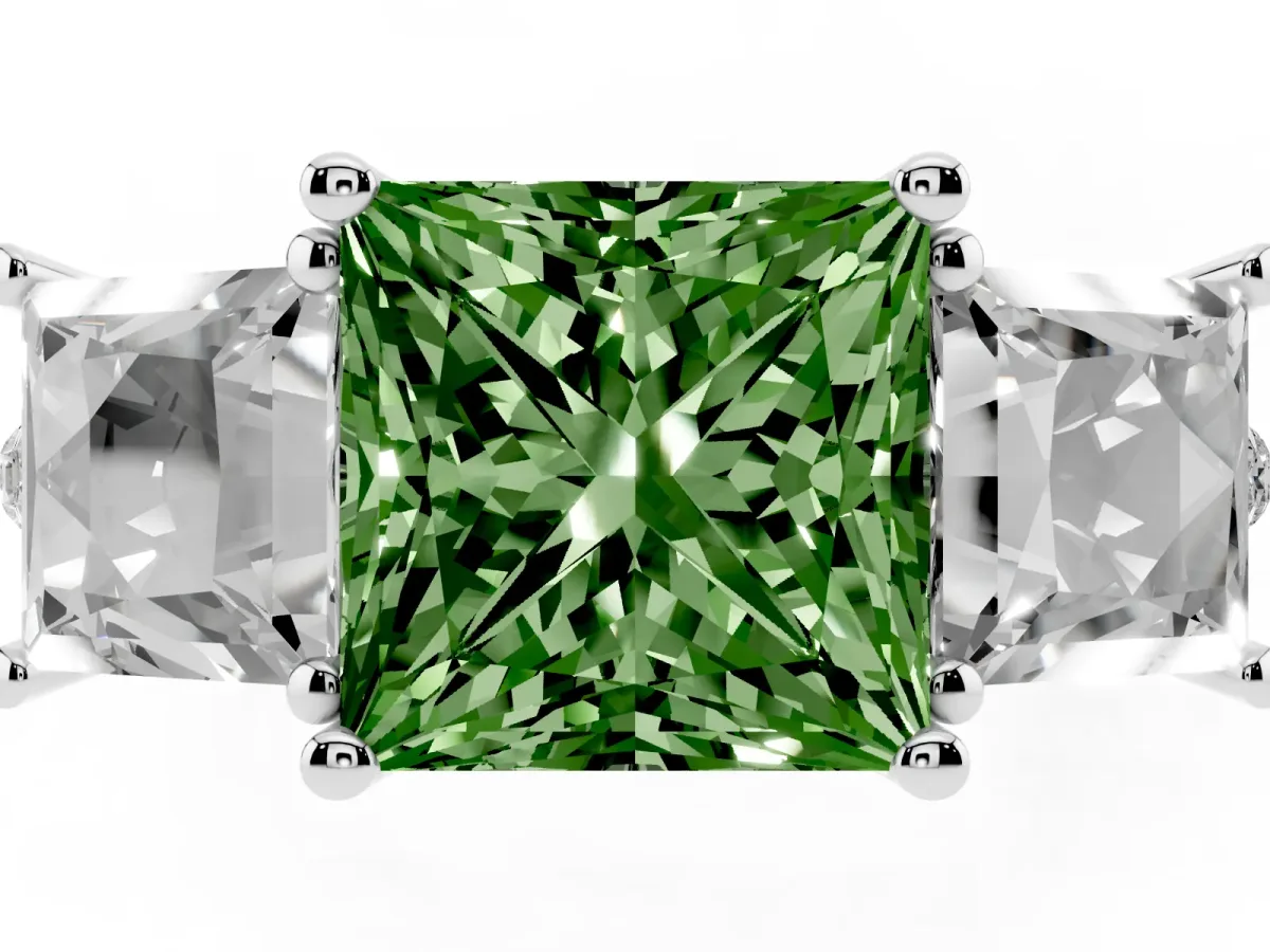 Fancy Green Three-Stone Princess Cut Diamond Ring with Round Pavé Band and Prong Setting Silver