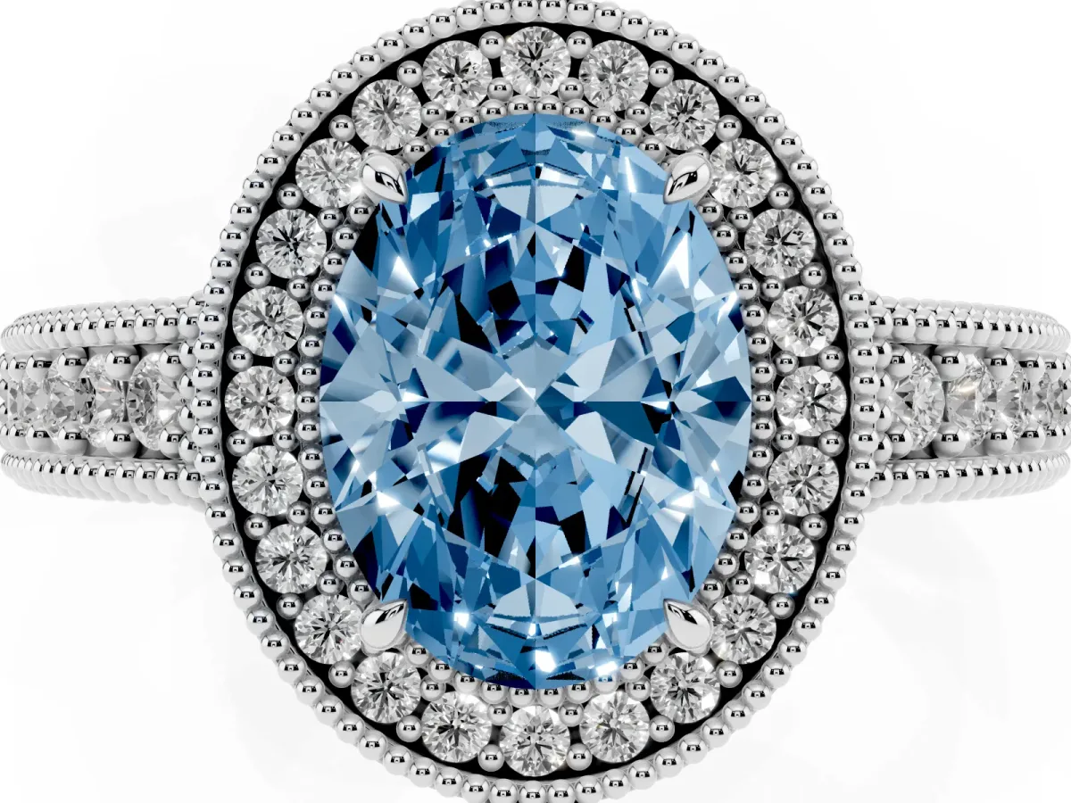 Fancy Blue Oval Cut Cut Halo Diamond Ring with Pavé Band and Four-Prong Setting Platinum